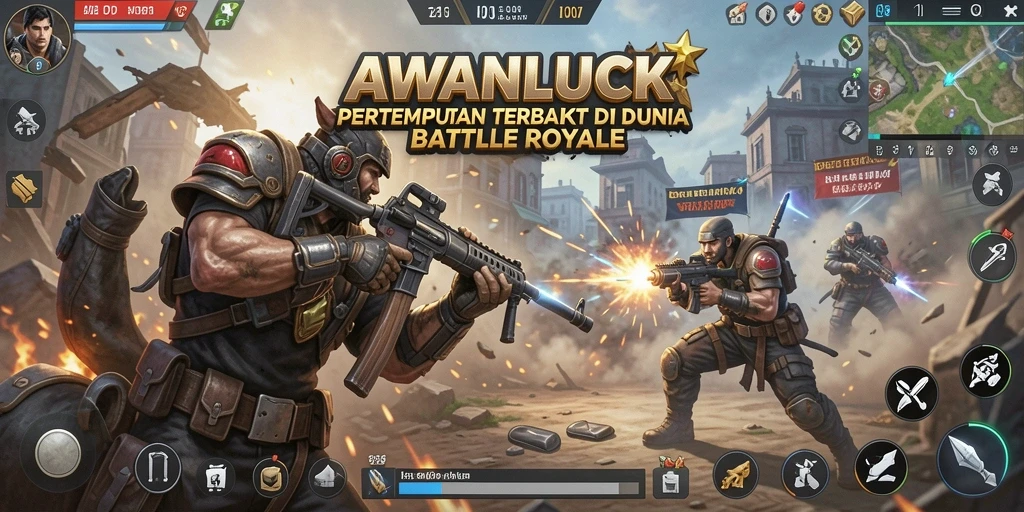 Tangkapan layar gameplay AWANLUCK yang menegangkan di medan perang Battle Royale.