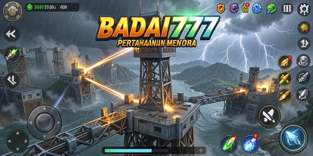 Tampilan gameplay seru di BADAI777 dengan menara pertahanan yang strategis.