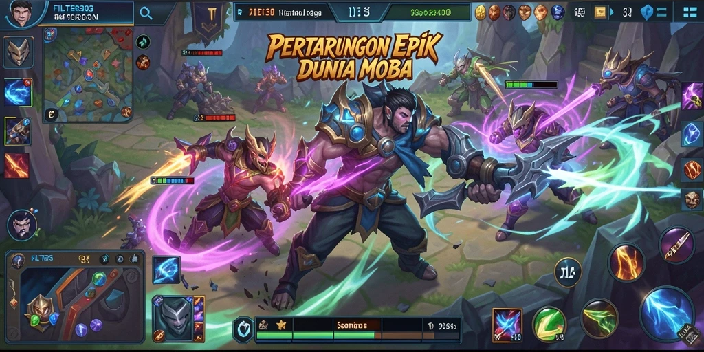 Screenshot utama FILTER303 menampilkan aksi pertarungan tim yang intens dan strategis.