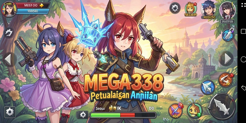 Tampilan gameplay MEGA338 yang penuh warna dan dinamis.