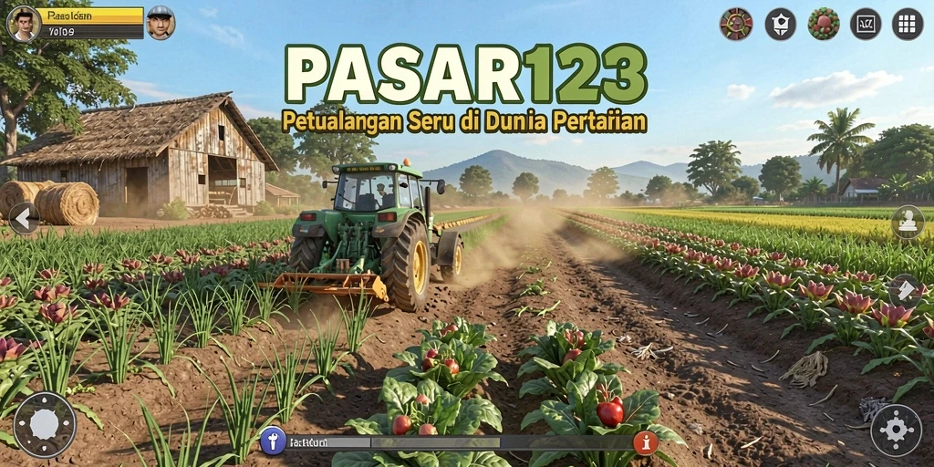 Tampilan menarik dari gameplay PASAR123 yang menggambarkan pertanian.